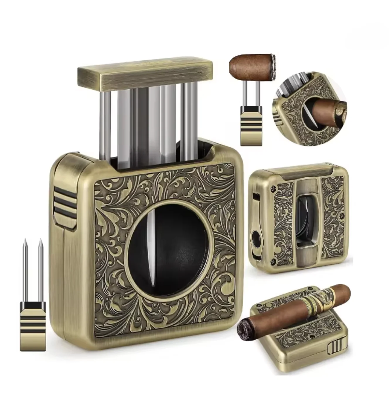 Cigar Cutter HANNICOOK 4 in 1 Multifunctional V Cut Guillotine Clipper with Cigar Punch, Cigar Holder & Twin Nubber Draw Enhance