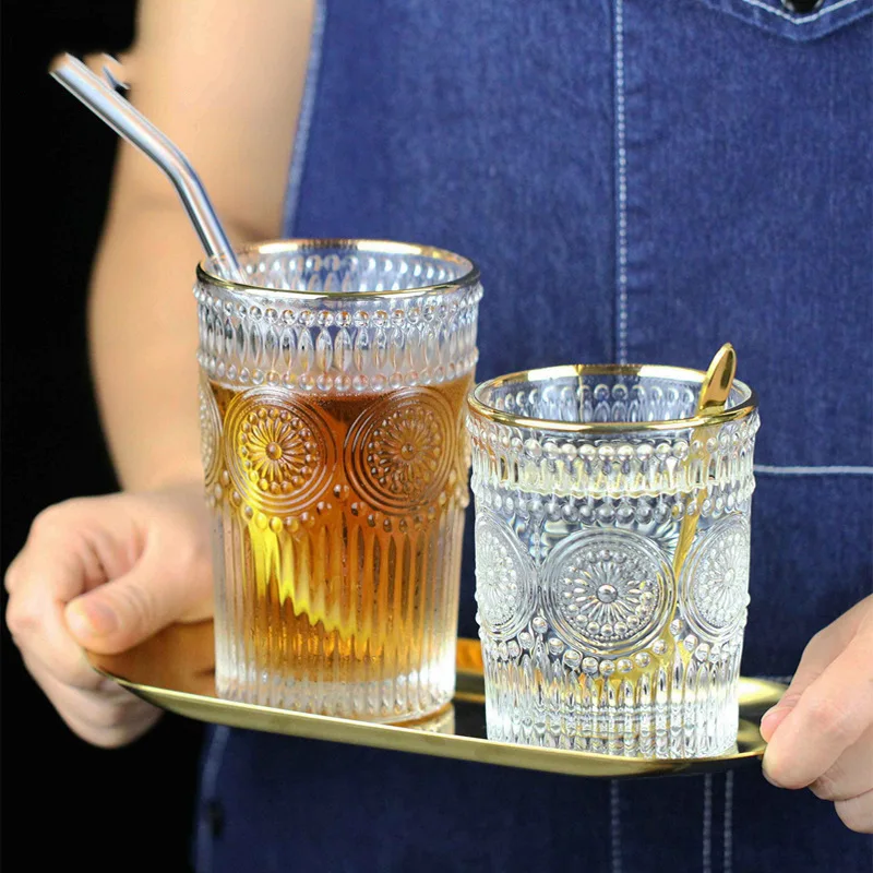 2pcs Set Vintage Sunflower Glass Cup Large Capacity Embossed Gold Edge Glass Cups for Water Cocktail Milk Tea Juice Beer Glasses