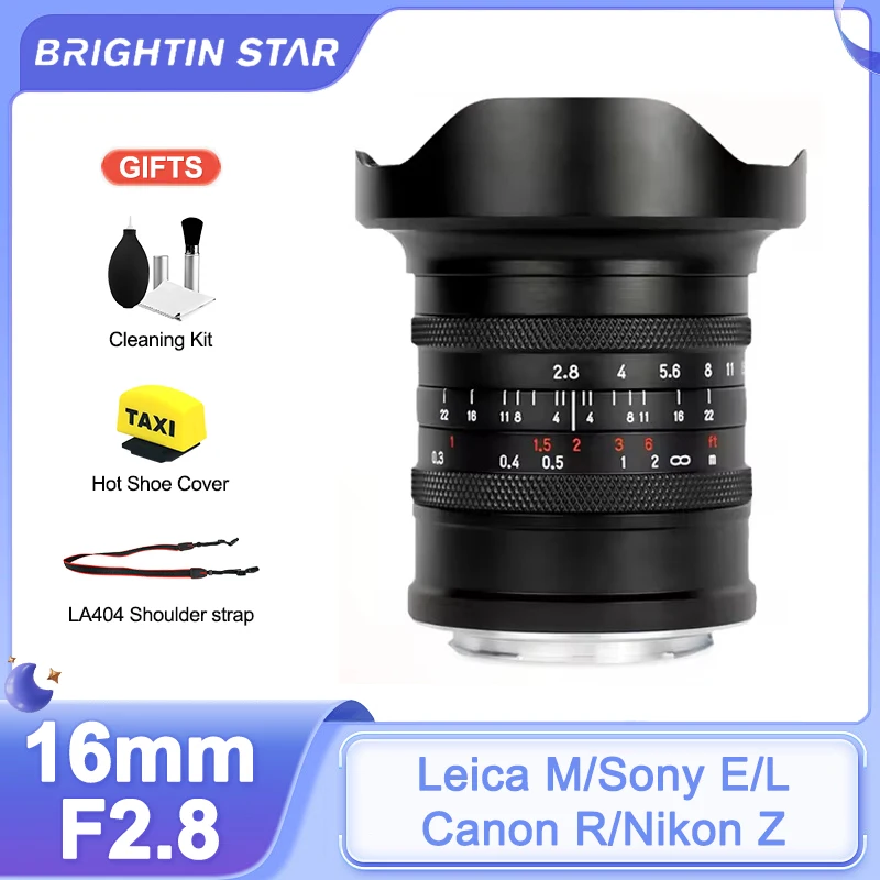 

Широкоугольный объектив Brightin Star, 16 мм F2.8 Полнокадровый, Большая диафрагма, для Sony E Canon EOS R RF Nikon Z Sigma Leica L TL CL FP