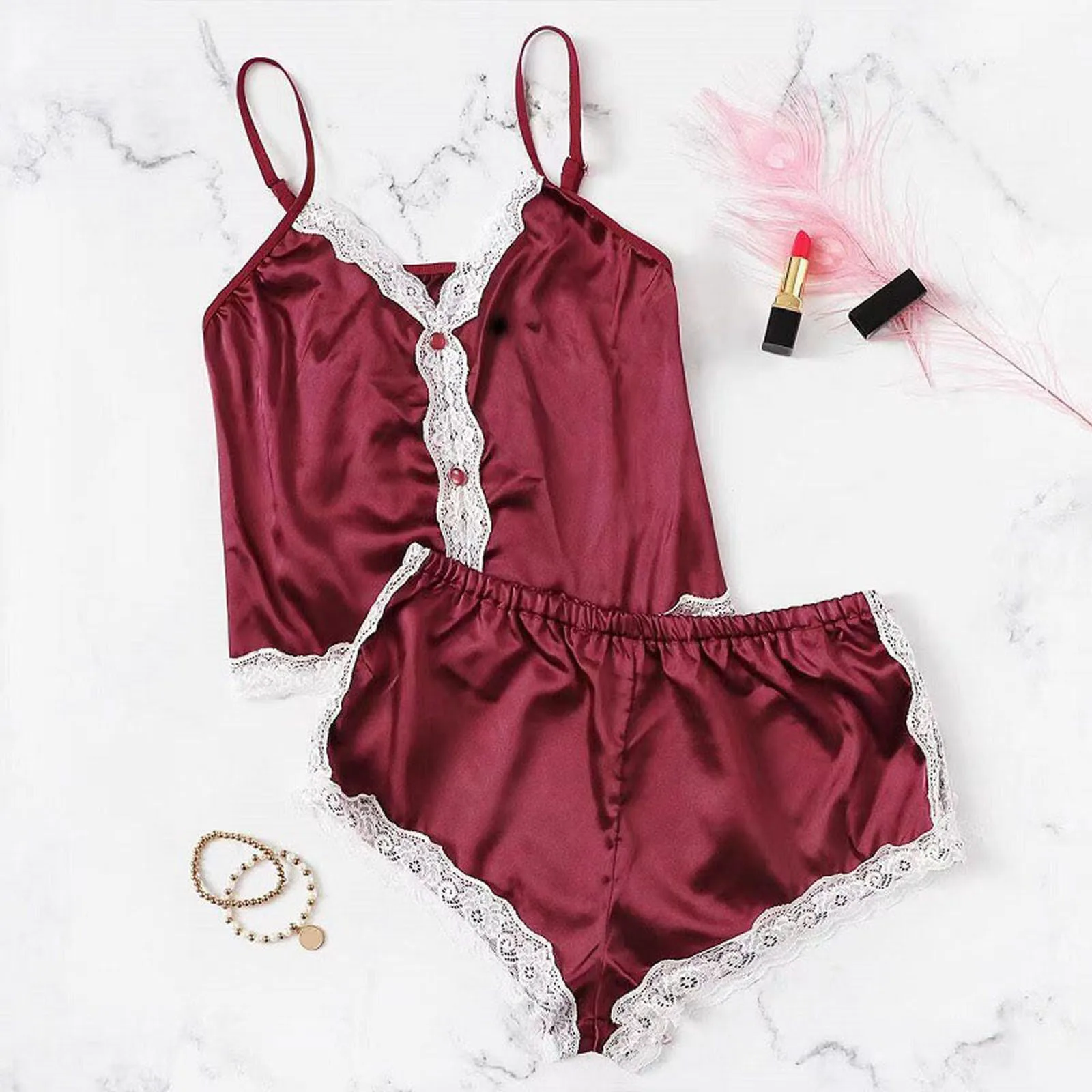 

Womens Stain Comfy Pajamas Outfits Lace Trim Shorts Two Piece Sexy Sling Cooling Sleepwear Panties Suits Lingeries For Ladies