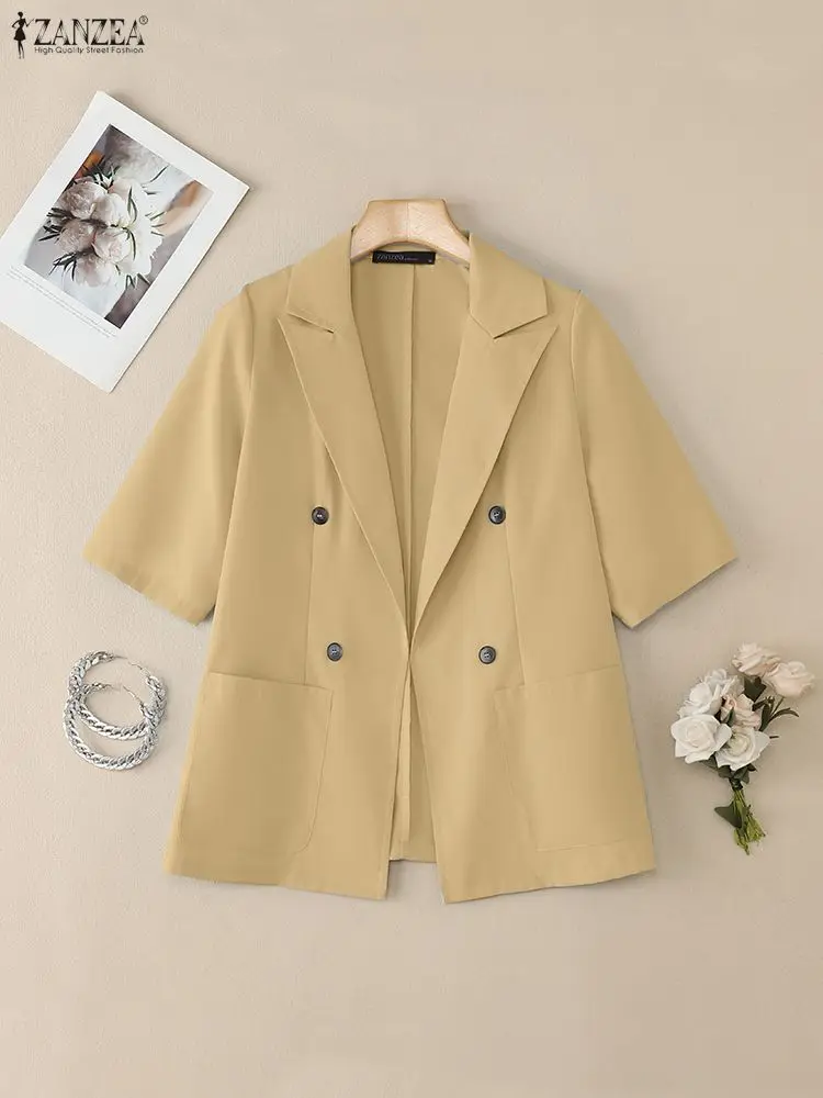 

ZANZEA Women 2026 Spring Lightweight Blazer Casual Peak Lapel Half Sleeve Solid Color Suit Jackets Elegant Chic Office Commuting