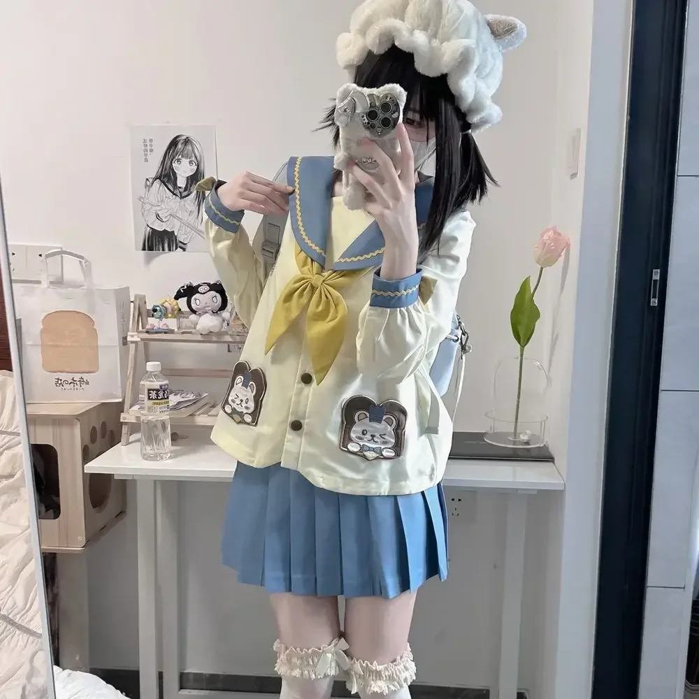 Cute Kindergarten Jk School Uniform for Girls Bear Sailor Suit Blue Pleated Skirt Japanese Student Anime Cos Costumes New Style