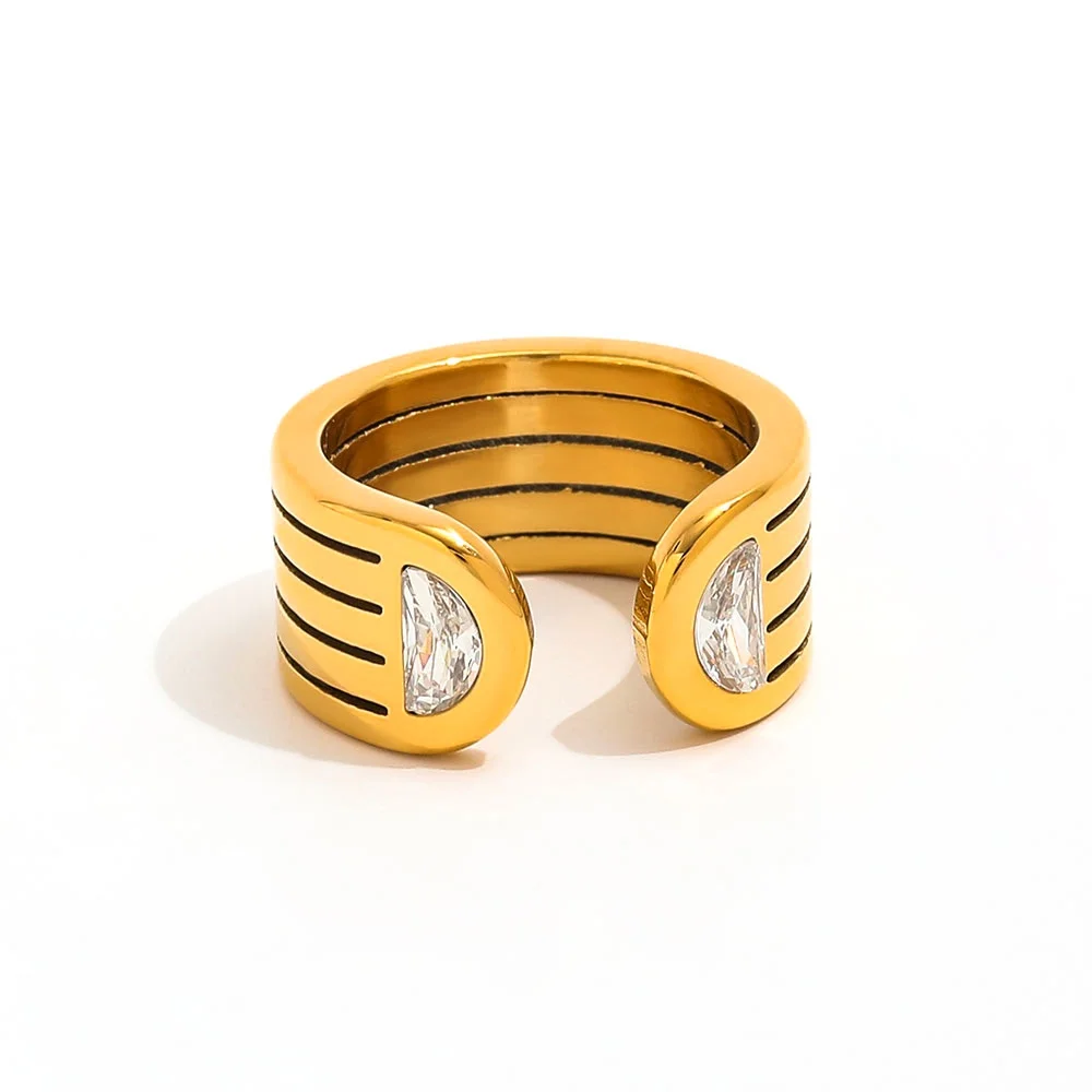 

Joolim Jewelry High End PVD Wholesale Fashion Double Semi-circular Zirconia Opening Stainless Steel Finger Ring for Women