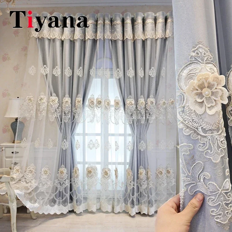 Double Layer Embroidery French Romantic Velvet Lacework Blackout Curtains For Living Room Bedroom Bay Window Sheer Tulle Drapes