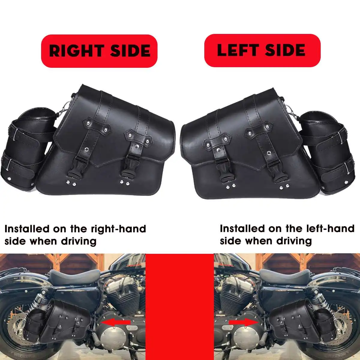 1PC Motorcycle Saddle Bags PU Leather Tool Bag w/Water Bottle Holder Cafe Racer Luggage Bag Waterproof Universal Cruiser Custom