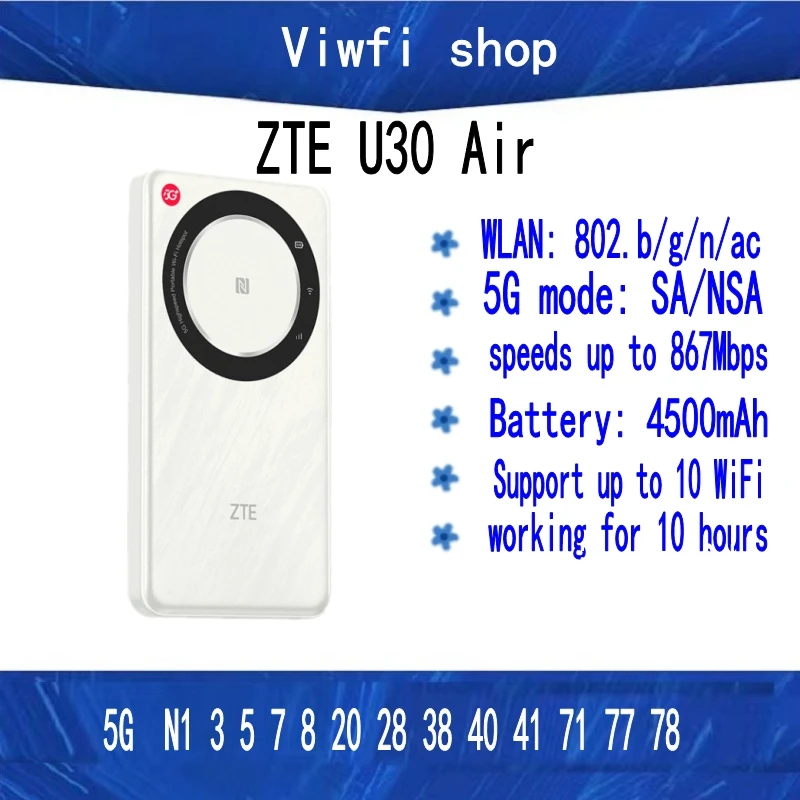 ZTE 5G Portable WiFi U30 Air 2x2 MIMO 4500mAh Dual Band NFC Pocket MiFi 5G 4G LTE Mobile WiFi Router With Sim Card Slot