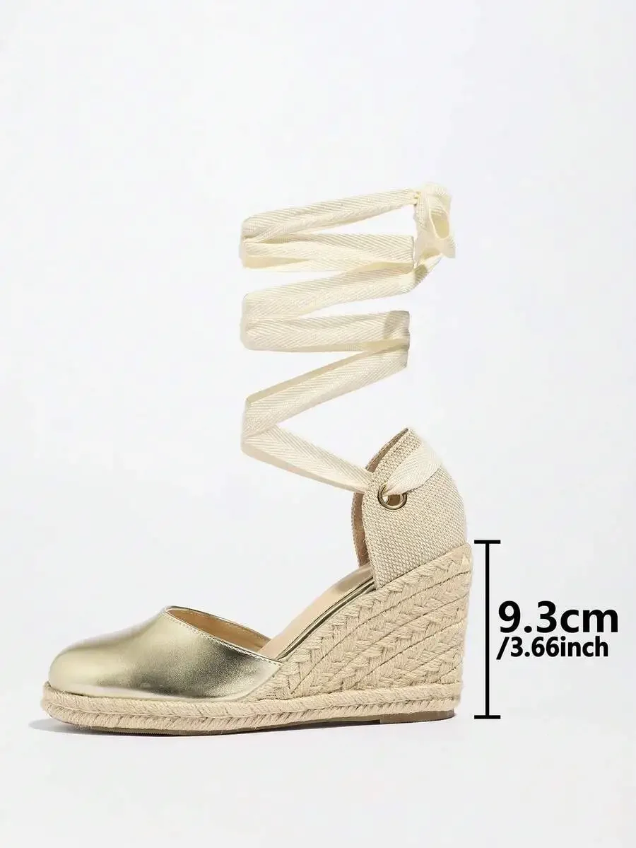 

Womens Metallic Espadrille Wedge Sandals Lace-Up Ankle Wrap Braided Jute Heel