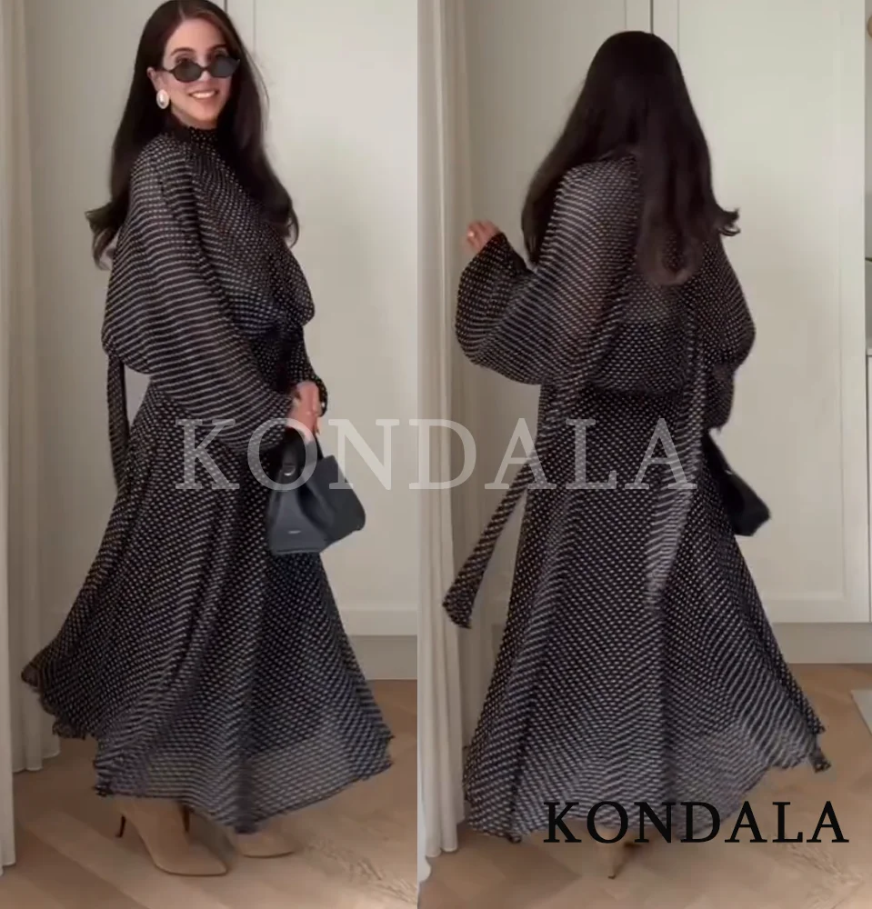 KONDALA Elegant Chiffon Polka Dot Skirt Set Women See-through Bow Shirt,Lined Midi Skirt 2026 Spring Summer Trendy Holiday Set