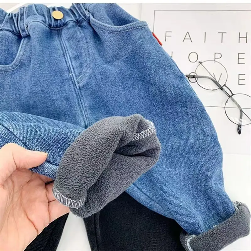 Jeans sarouel doublés en peluche pour garçons, pantalons en denim épais pour enfants, pantalons taille haute élastiques baggy, plus velours chaud,