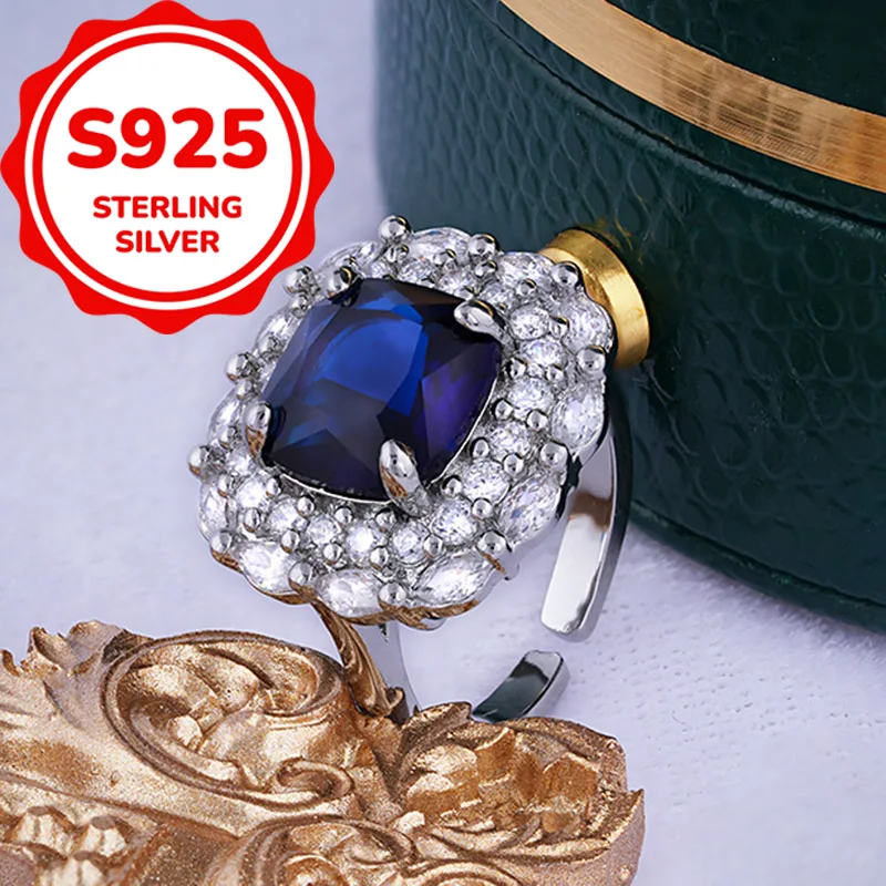 

925 sterling silver simple temperament light luxury blue synthetic zircon open adjustable ring daily versatile ring