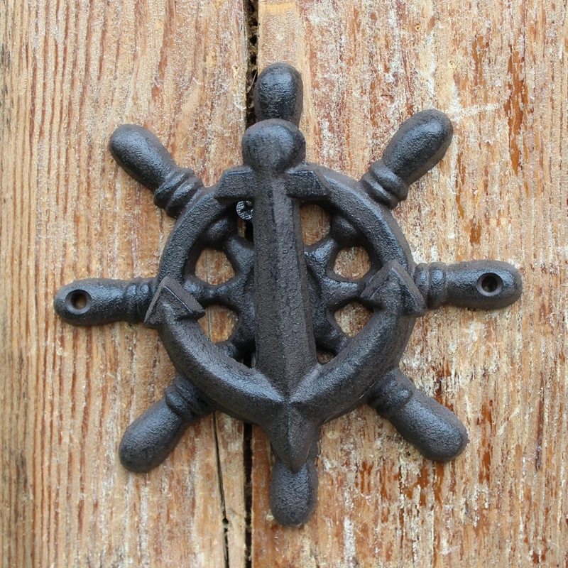 Cast Iron Vintage Door Knocker Wooden Door Handle Courtyard Home Wall Decor Iron Art Ship Steering Wheel Door Ring Handle