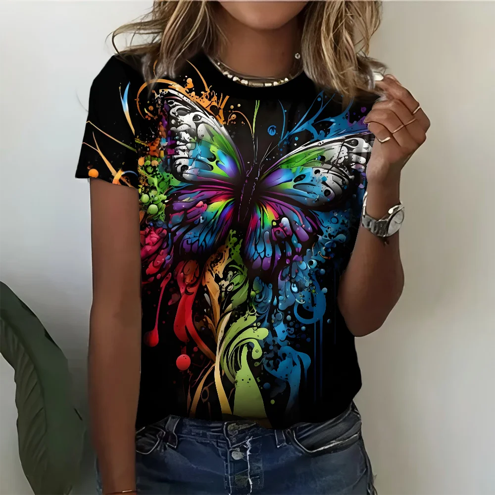 

Colorful Art Colorful Butterfly Pattern T-shirt Trendy Personality Black Bottom Short Sleeve
