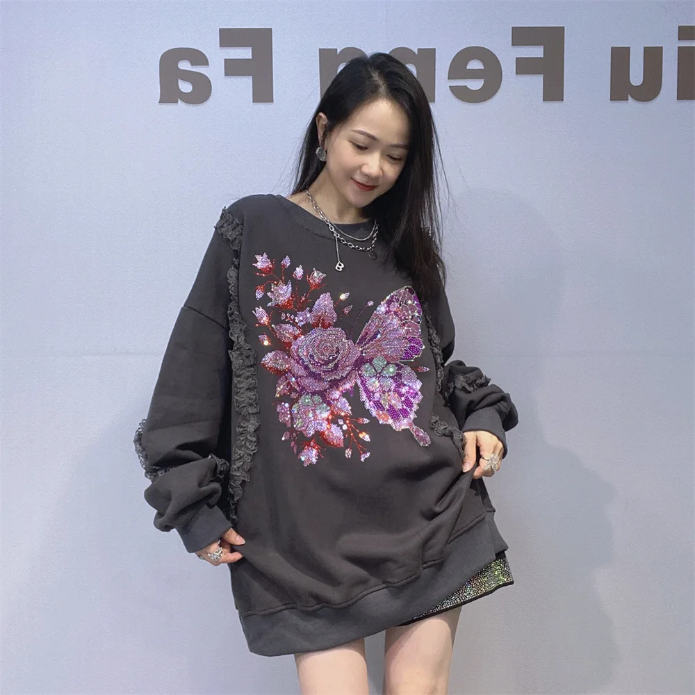 Amerykańska bluza oversize z okrągłym dekoltem, damska, jesienno-zimowa, luźna, z dżetami, kurtka z okrągłym dekoltem.