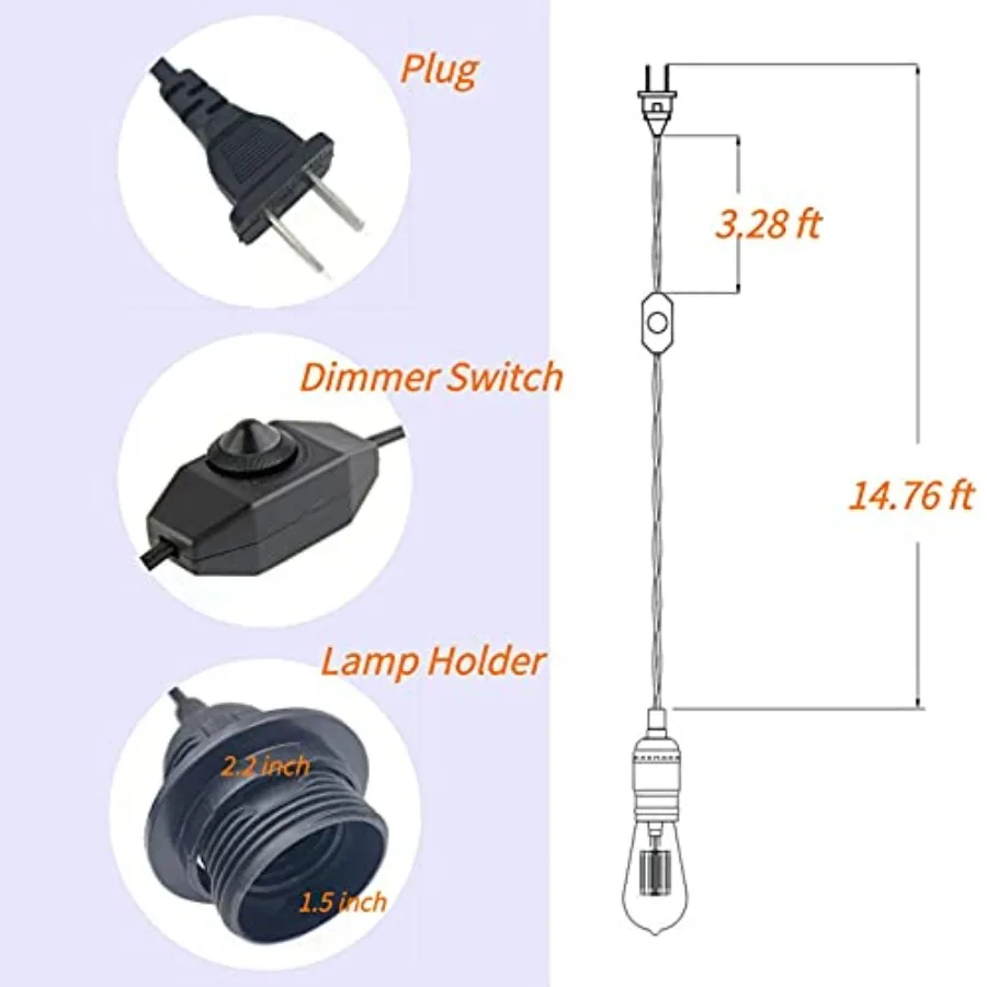 Pendant Light Kit with Dimmer Switch 15 Feet Hanging Lamp Cord Set Plug in Edison Light Bulb Socket Rope for E26 E27 DIY Swag L