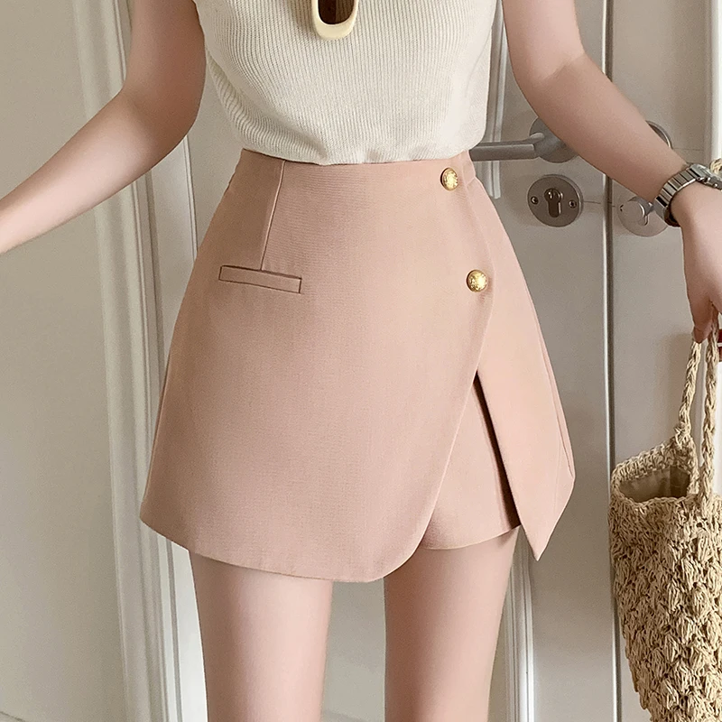 

Korean Style Pink Fashion Buttons High Waist Shorts Skirts Womens New Spring Summer A-line Suit Shorts Ladies Casual Culottes