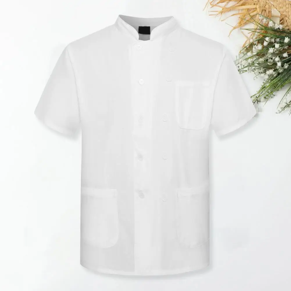 Unisex Chef Uniform Stand Collar Short Sleeve  Line Decor Double Breasted Patch Pocket Restaurant Bakery Waiter Uniform  Tops