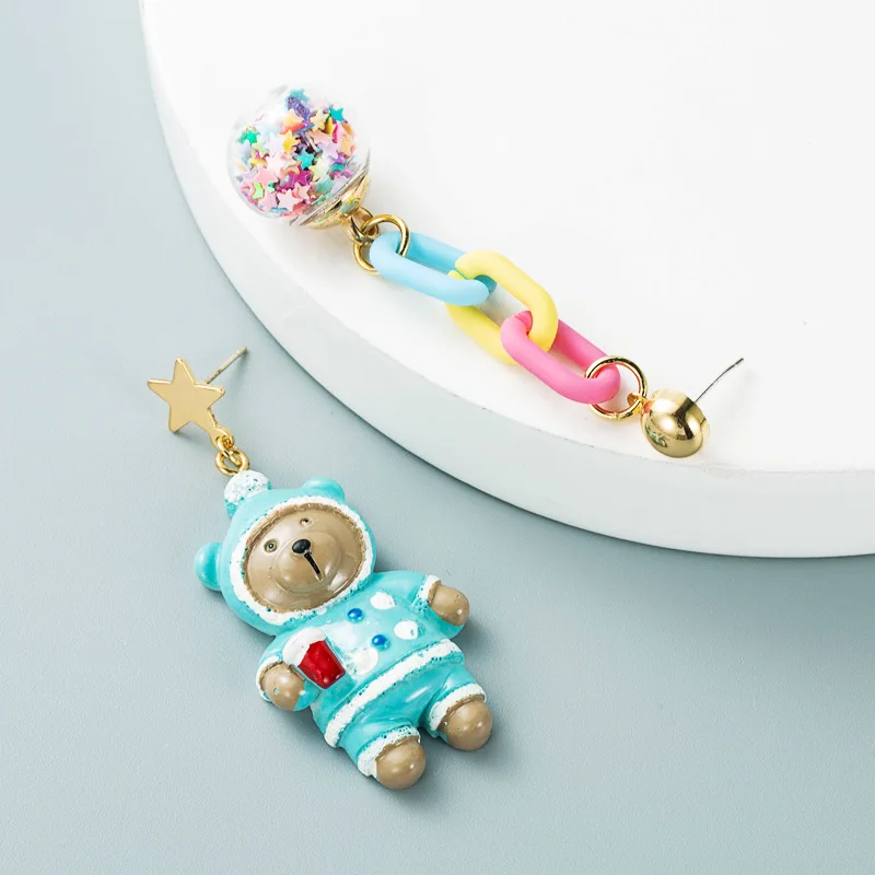 ins abstract art resin Christmas bear snowball earrings personalized long asymmetrical earrings