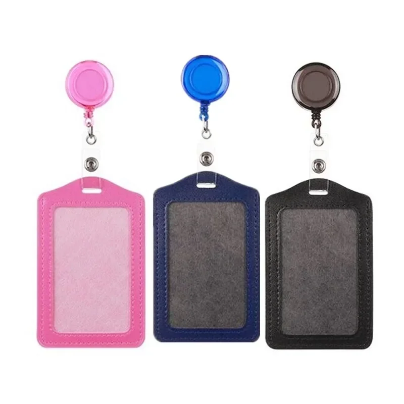 PU Leather Working Permit Sleeve Case with Retractable Badge Reel Clip ID Tag Name Badge Holder Work Pass Card Holder Sleeve