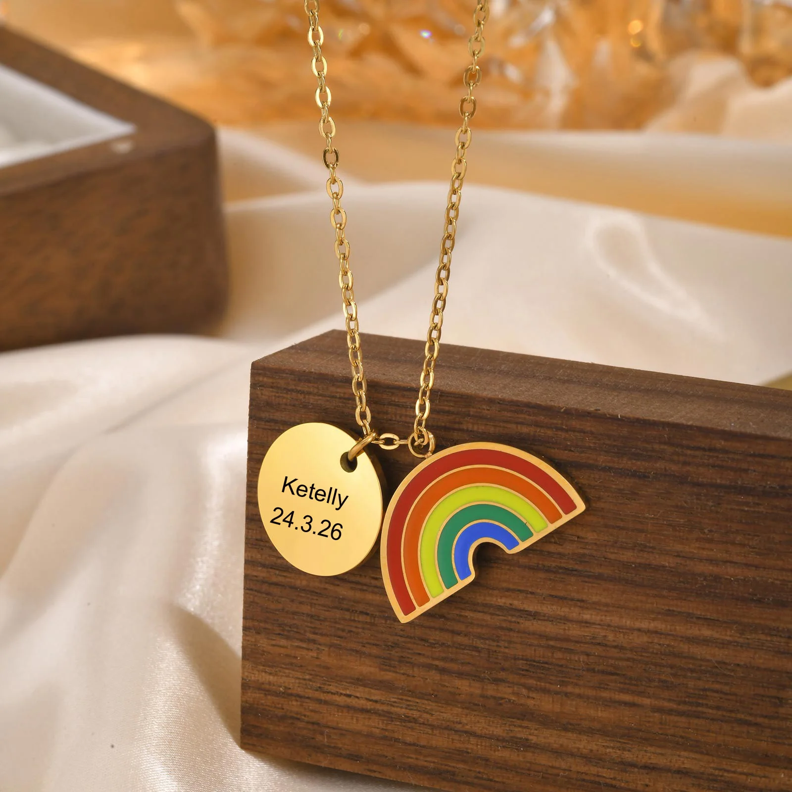 Personalized Baby Initial Name Rainbow Necklace Pendant, Heart and Disc Coin Shape Necklace Pendant, Free Engrave Birthday Gift