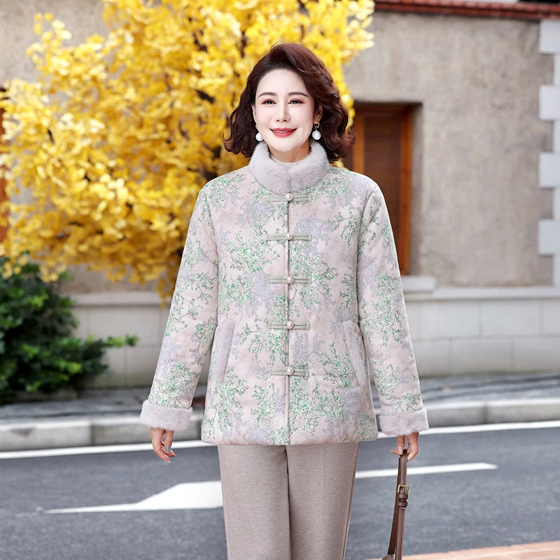 

Утепленная хлопковая куртка с флисовой подкладкой в новом китайском стиле, зимняя верхняя одежда для мам и бабушек, короткое пальто