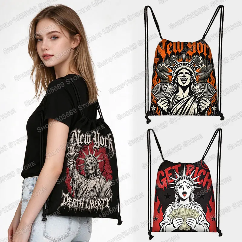 New York Skull Liberty Drawstring Backpack Gothic Punk Drawstring Bag Gym Sackpack Portable Sports Travel Storage Bags