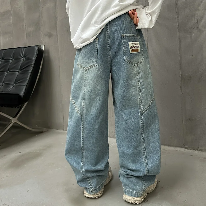 New Fashion Teenager Boys Denim Wide Leg Pants Child Trousers Spring Autumn Patchwork Jeans For Kids Age 5 7 9 11 13 14 Year Old