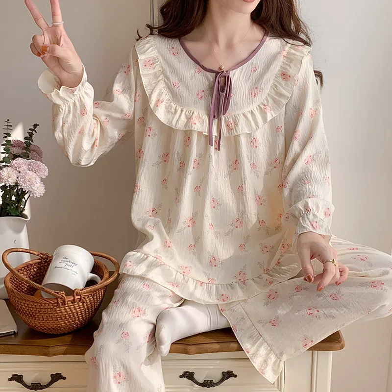 Long Sleeve Pants Two-piece Set Pajamas for Women Sweet Princess Style Home Wear Cloud Cotton Clothes Suitable for Confidantes