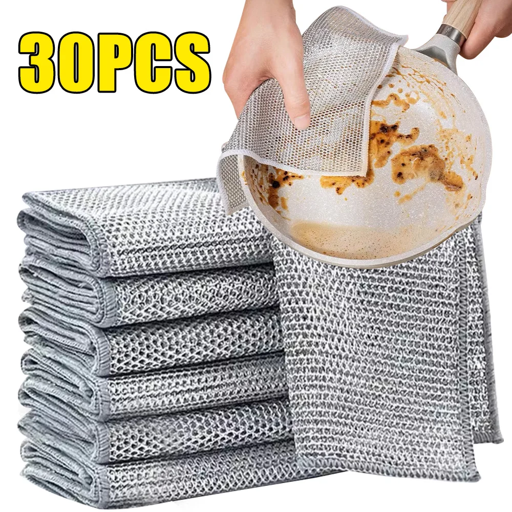 30pcs Wire Dishcloth Multi-purpose Wet & Dry Wire Dishcloth Non-Scratch Dishwashing Rags Kitchen Cooktop Daily Cleaning Cloths