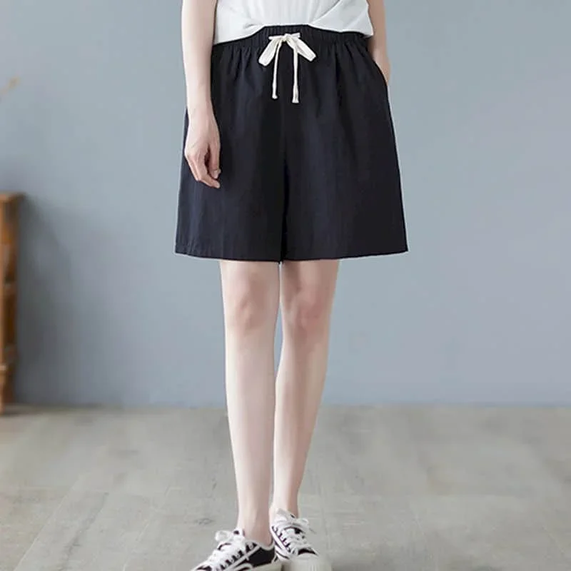Pantaloncini di lino in cotone per donna Pantaloni casual in vita elastica con coulisse estiva Pantaloni larghi stile coreano vintage da donna