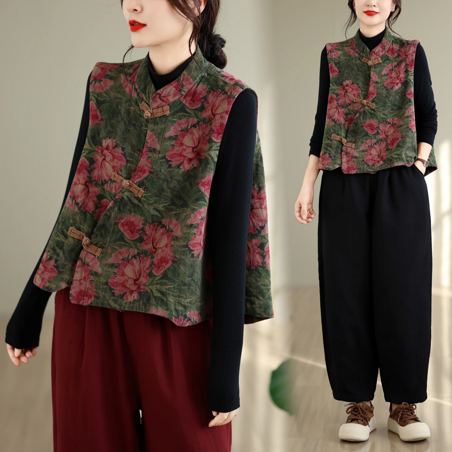 New Chinese Style Printed Short Sleeveless Jacket Versatile Retro Early Autumn New Model Women's Fashionable Top Cotton Polye...