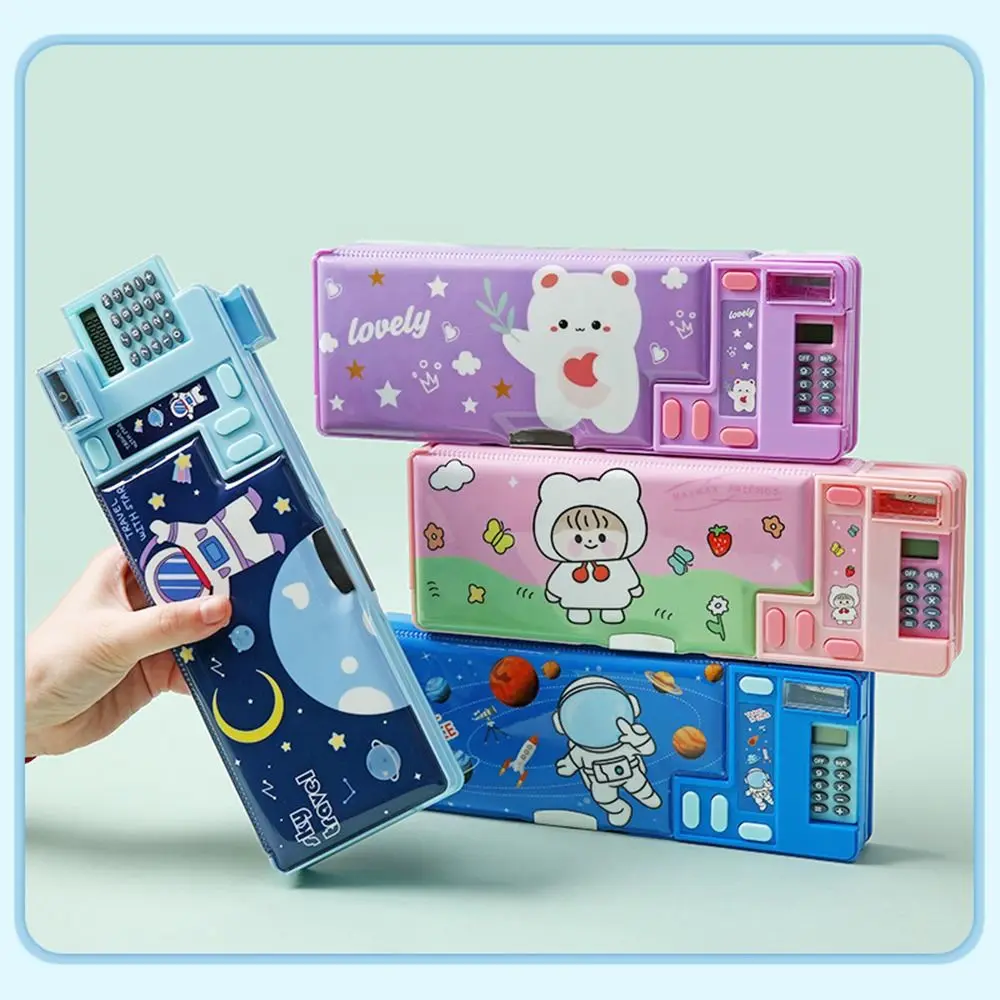 Estuche de lápices de doble capa con calculadora, caja de almacenamiento de papelería con diseño de astronauta/animales, sacapuntas de plástico