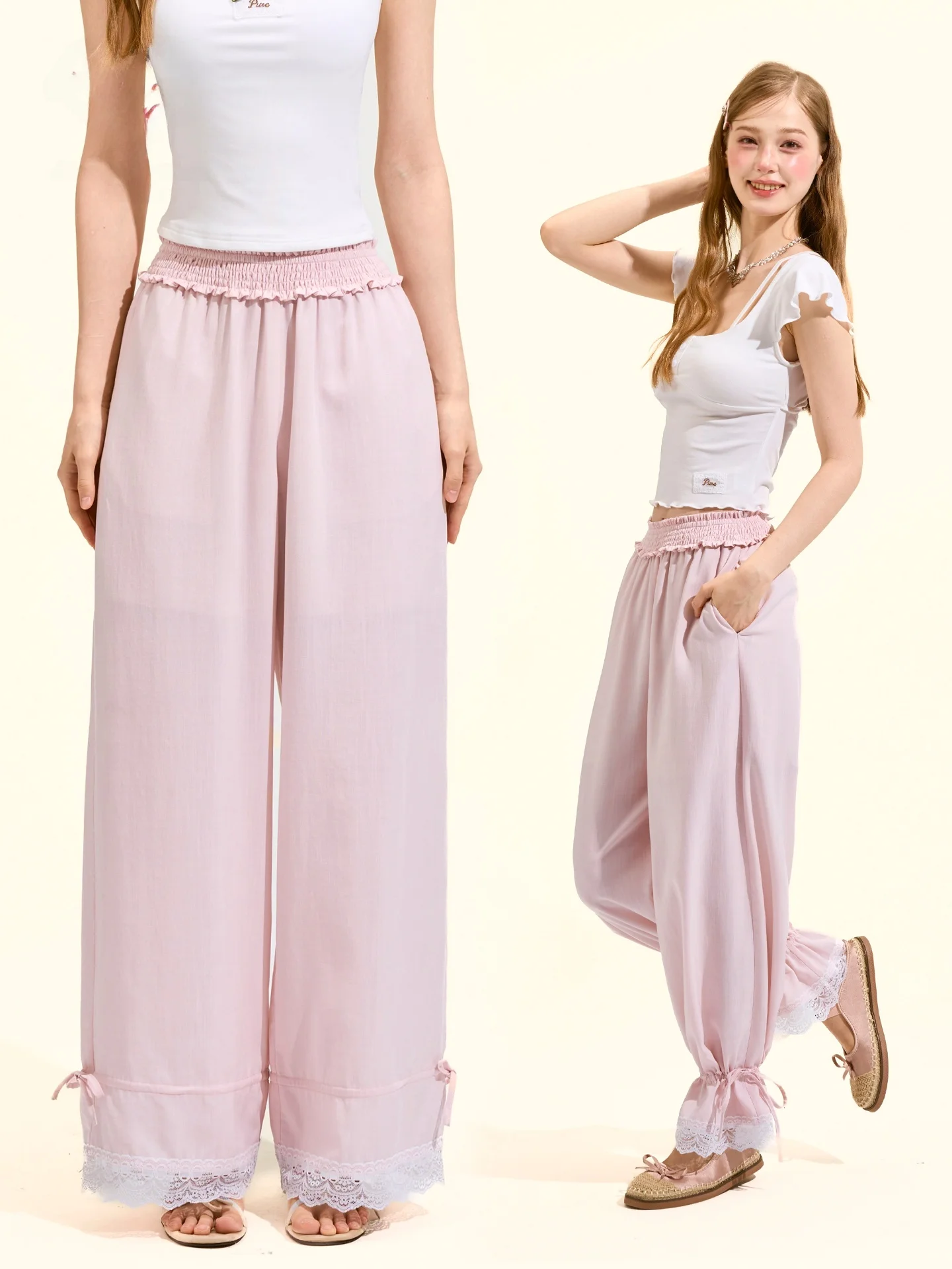 

GirlyFancyClub Women's Straight Leg Trousers Loose Comfortable Pink Linen Silk Two-Way Wear Elastic Waist Cabbage Pants