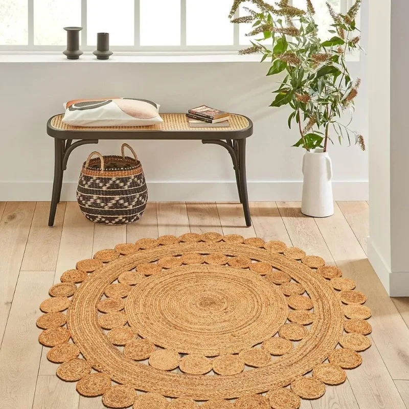 Hand Woven Round Jute Area Rug Braided Round Rugs for Boho Home Office Decor