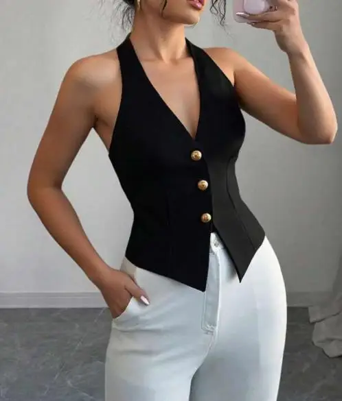 

Top Women 2025 Summer New Temperament Hanging Neck Lace Up Sleeveless Sexy Backless Elegant Single Breasted Women Vest