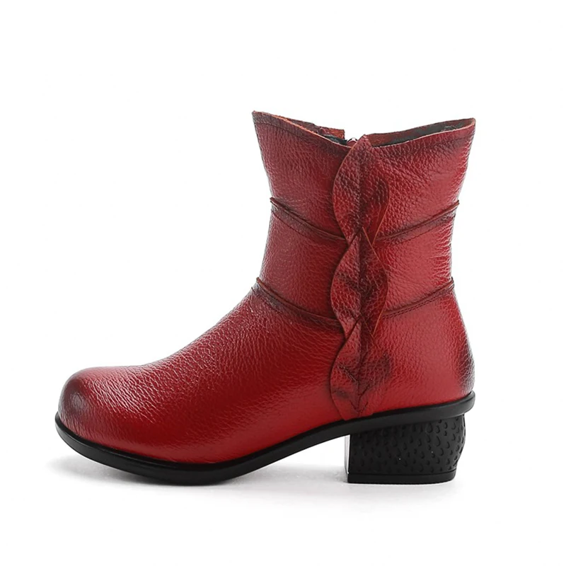 Anti-Slip Ethnic Style Women Low-Heel Leather Boots With Cotton And Velvet Insulation Genuine Leather Winter New Soft Boots