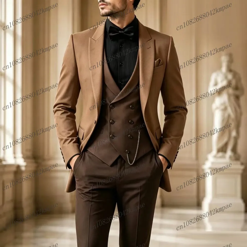 fashion Brown New Formal Men Suit Groom Groomsman Wedding Party Prom Business Male Tuxedos 3 Piece Set Blazer Vest Pants