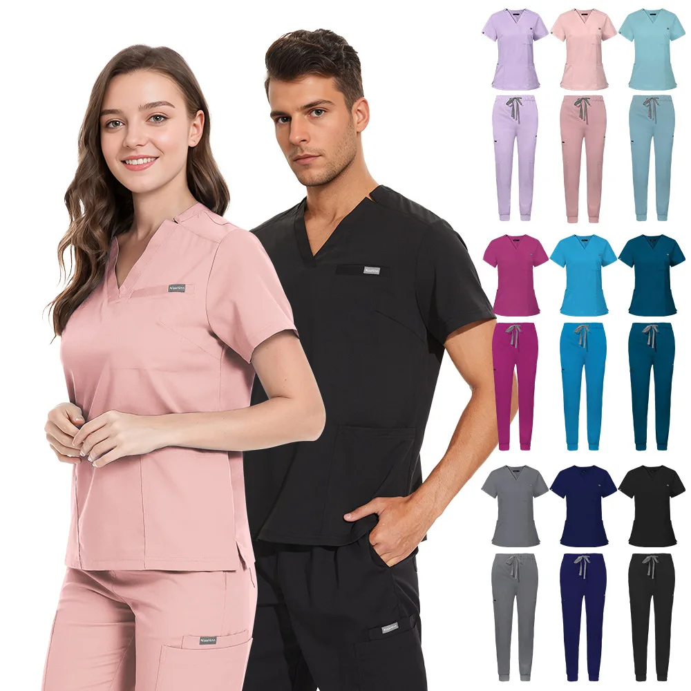 Unisex Medical Scrub Set V Neck Short Sleeve Top and Drawstring Jogger Pants with Pockets for Salon медицинский костюм унисекс
