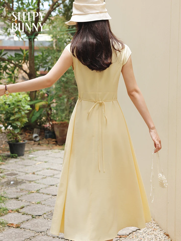 Yellow Cap Sleeve Shirt Dress Women Summer French Style Slim Fit A