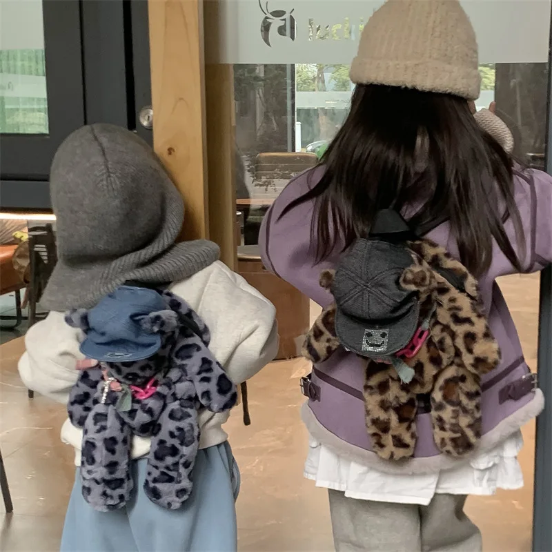 2025 New Plush Stuffed Kids Shoulder Bag Korean Version Of The Fashion Leopard Boys Girls Backpack Cute Bear Bag Birthday Gifts