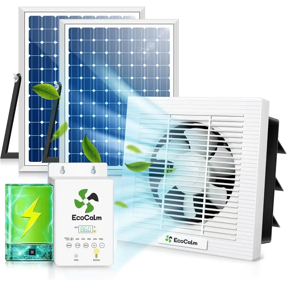 Solar Powered Fan with Battery and Adjustable Thermostat, 8