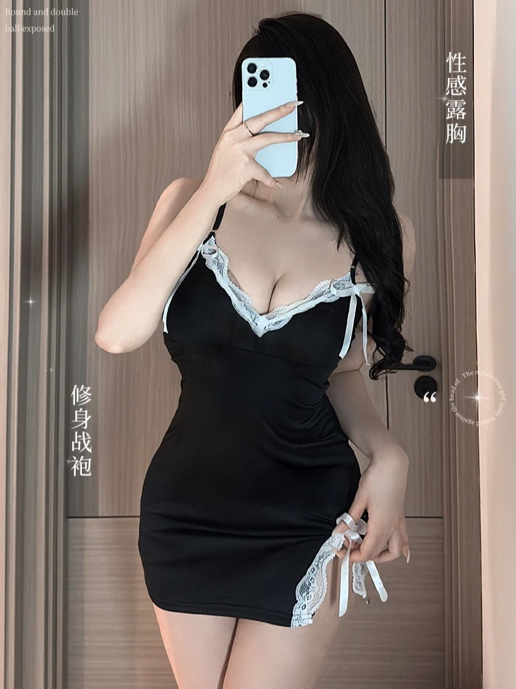 

150kg Large Size Sexy Nightgown Women Lace Splicing Split Suspender Nightdress Slim Fit Babydoll Loungewear Chemise Mini Nighty