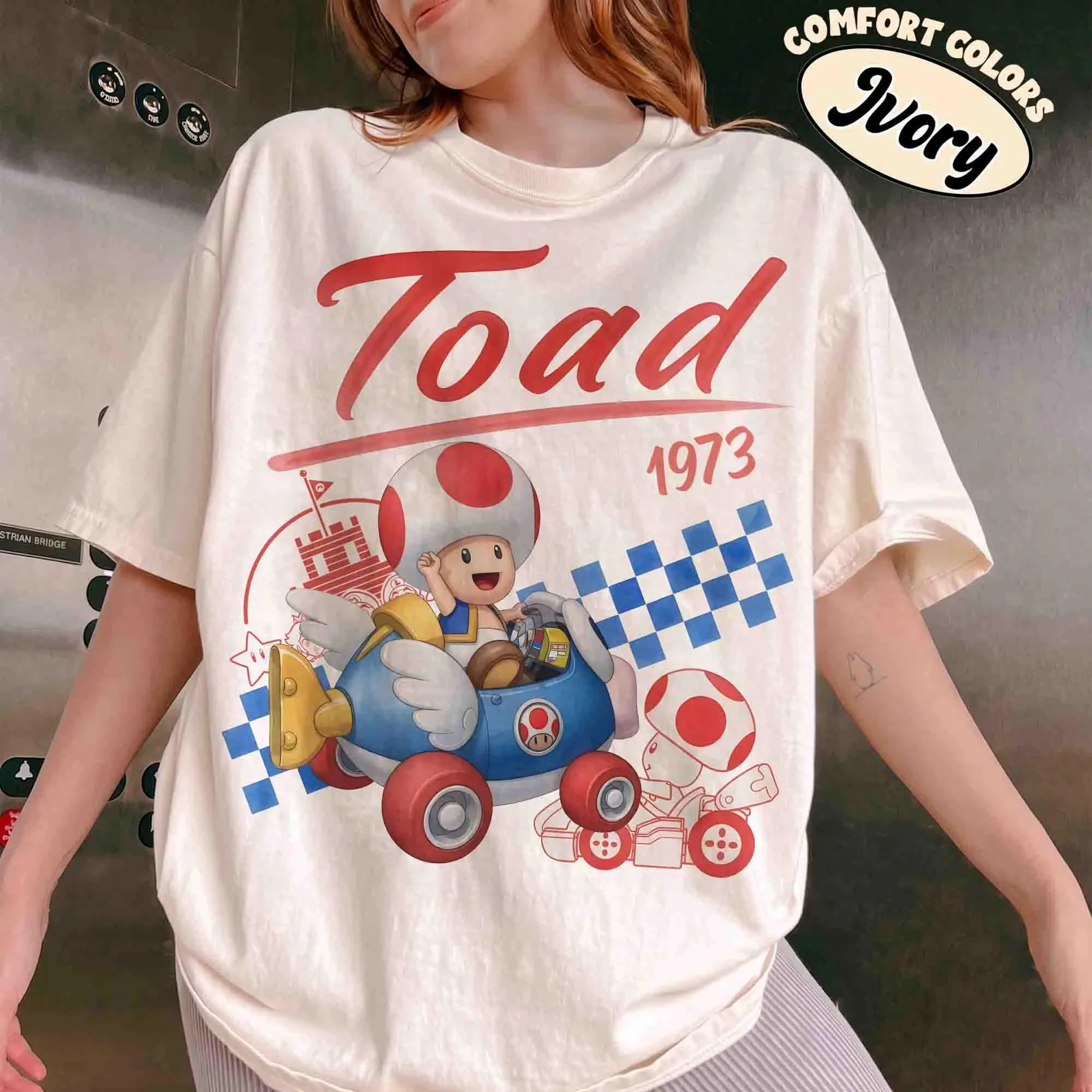 Toad Kart 1973 T Shirt Super Mario Cartoon Game Checkerboard Graphic Unisex Ivory Short Sleeve Tee Men Women Loose Casual Tops