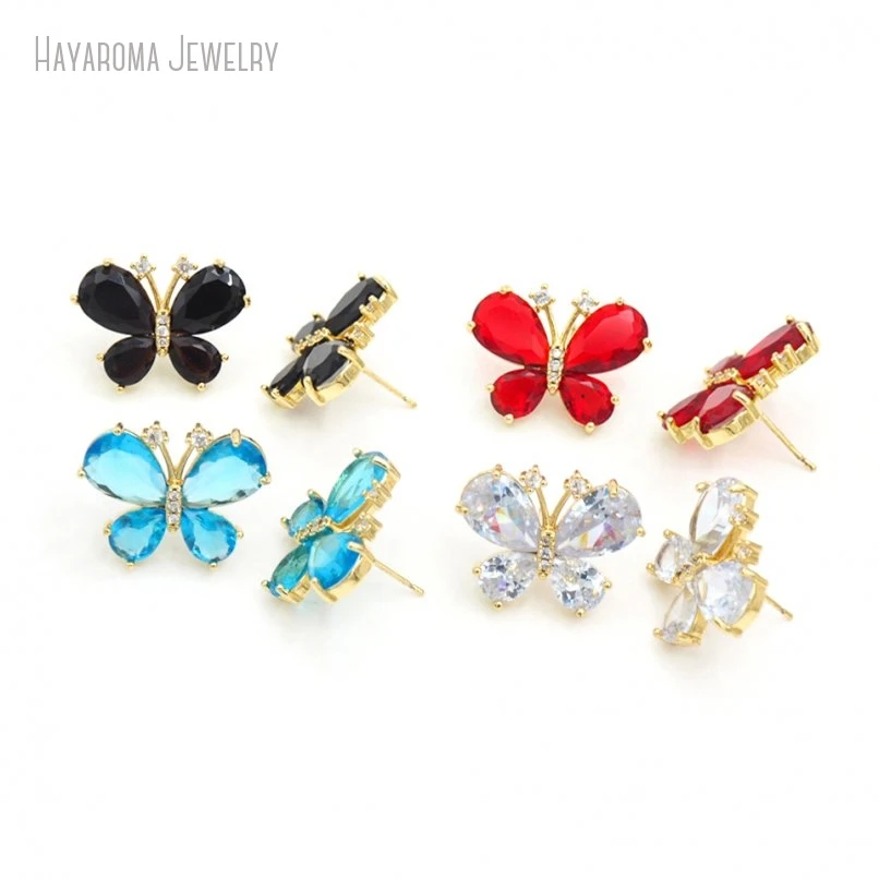 20Pcs Gold Color Metal Glass Cubic Zirconia Invisible Setting Copper Wholesale Insect Butterfly Stud Earrings ER53113