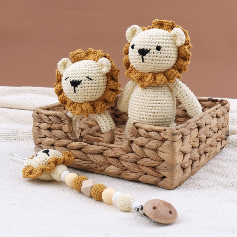 Łańcuszek smoczka zestaw w tym klips do przypinania smoczka Baby Teether raffle-bell Crochet-Baby Lion-Doll prezent na przyjęcie bociankowe dla niemowląt