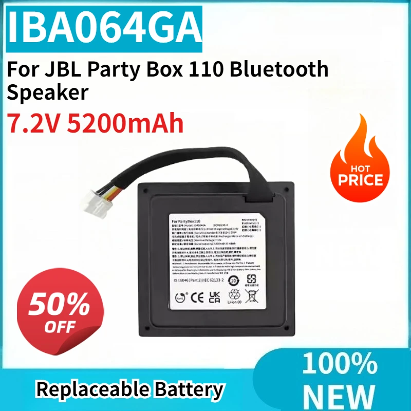 New Replacement Battery IBA064GA 7.2V 5200mAh for JBL Party Box 110 Bluetooth Speaker High Capacity
