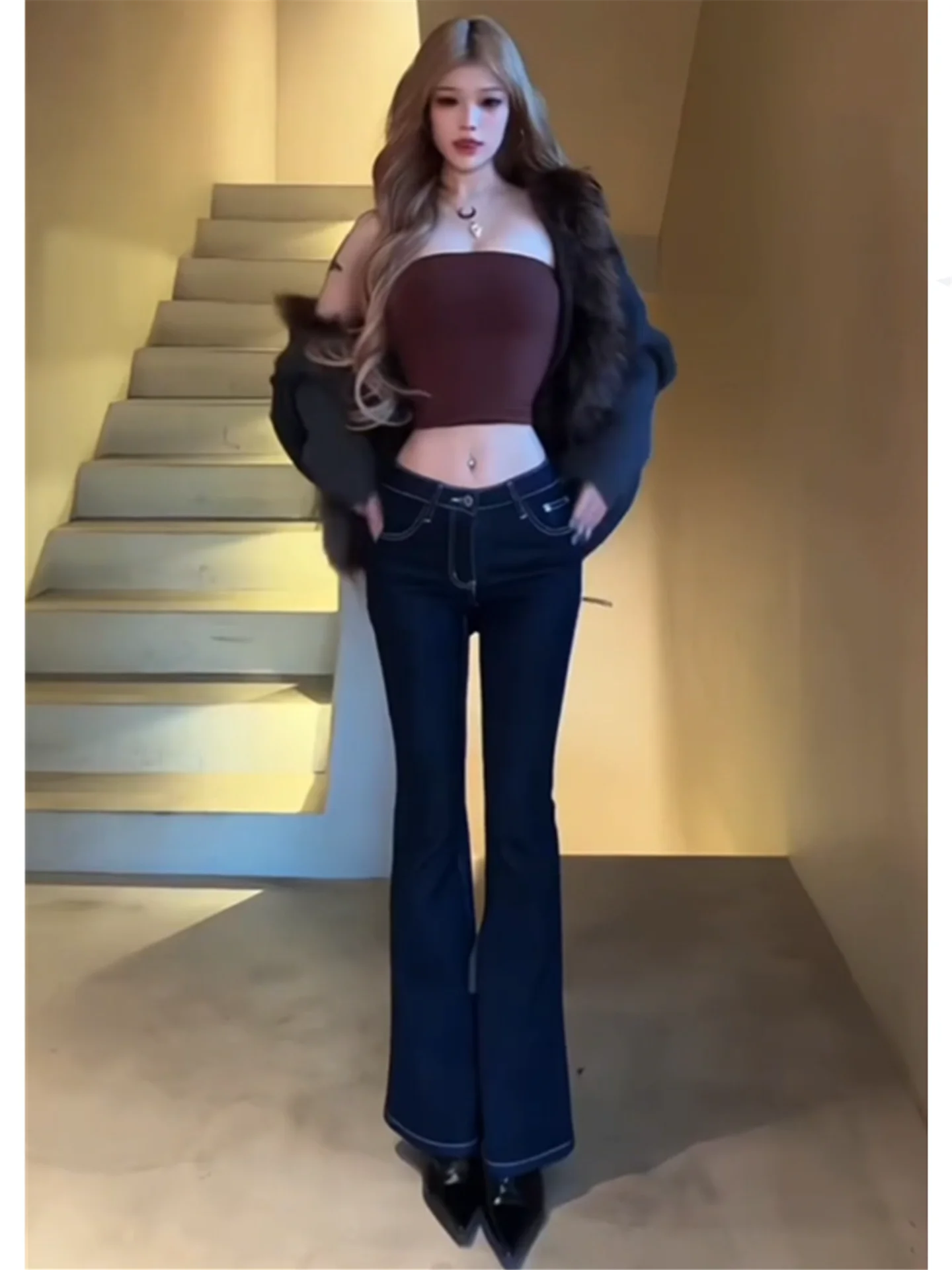 

Deep Blue Low Waist Bell Bottom Jeans Women's Autumn Winter Slimming Long Leggings High Waist Extended Tight Fit Flared Pants