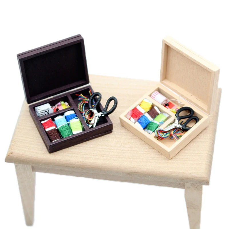 1Pc 1:12 Dollhouse Mini Wooden Sewing Box Toy for Children Dollhouse Furniture Accessories