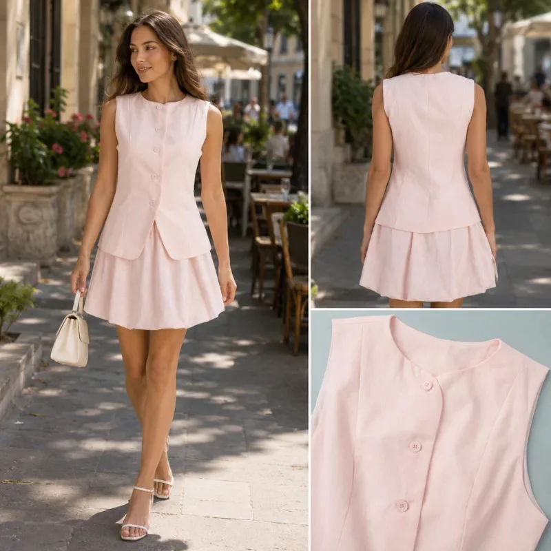 Women Vest And Mini Skirt Set Pink Sleeveless Button Up Waistcoat High Waist A Line Short Skirt Summer Chic Vacation Outfit New