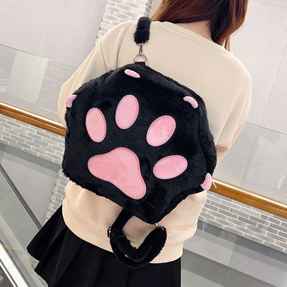 Cute Cat Paw Soft Furry Purse with Adjustable Straps Sweet School Bag with Zipper JK Girls Bag Cartoon Backpack for Women Girls