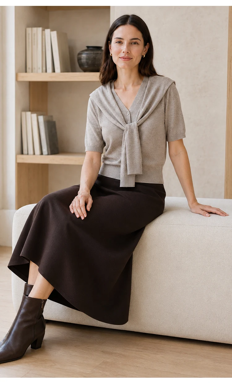 MZ62082 Damen-Strickjacke mit Schalkragen, kurzen Ärmeln, V-Ausschnitt, weicher, einfarbiger Modal-Mischstoff, lässiger Pullover für den frühen Herbst – Detail 7